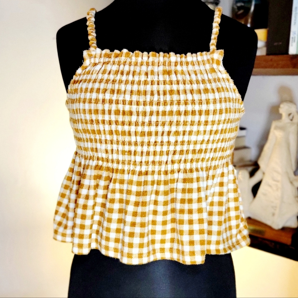 NWT - SO Goods For Life (Med) Velour Smocked Gold Gingham Checked Peplum Tank